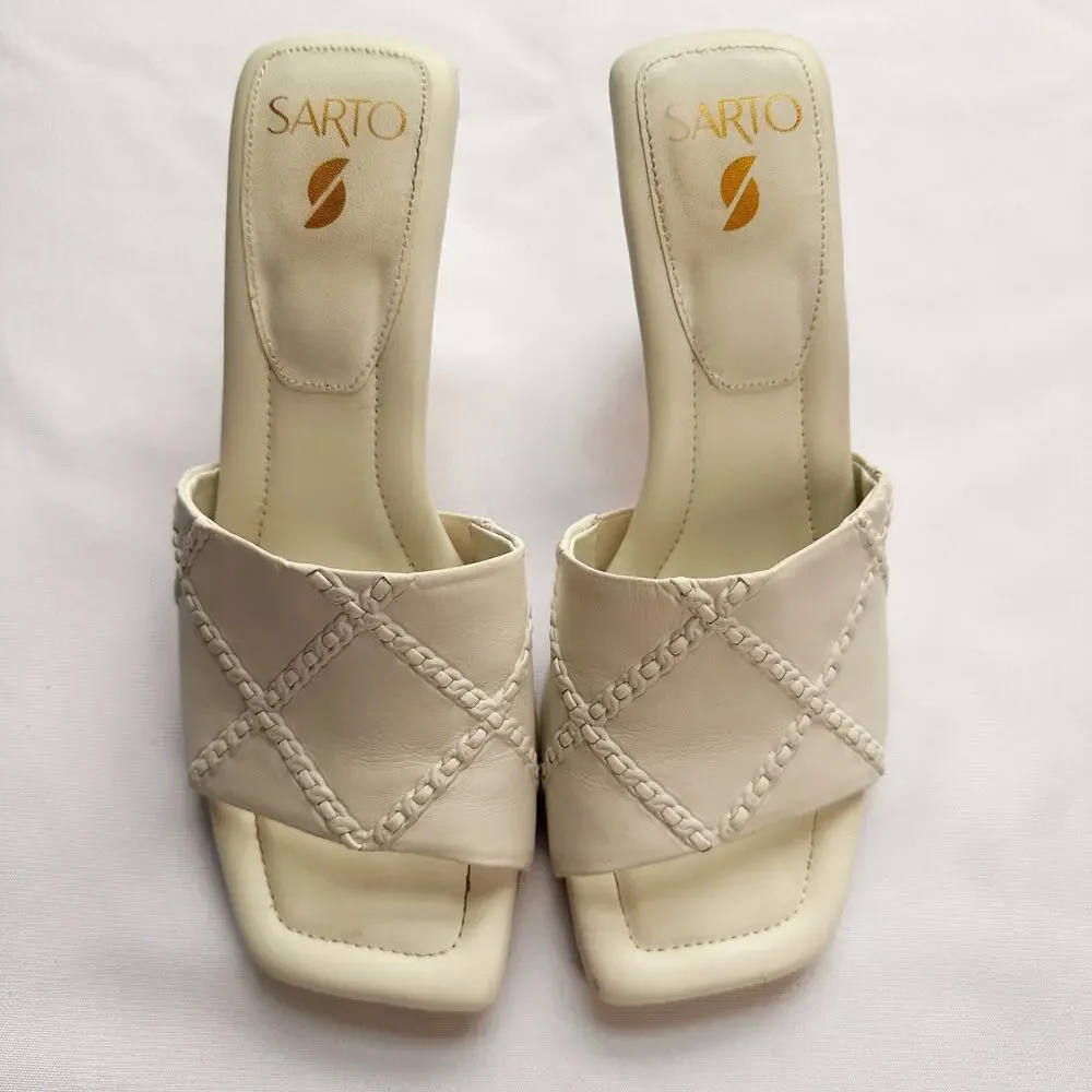 Franco Sarto Betty 8.5 Cream Slip On Shoes Square Sandals Mid Pump Heel - Picture 7 of 7